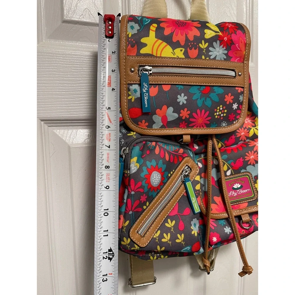 Lily Bloom Floral Cat Print Backpack Multi Color Recycled Fabric Drawstring Bag